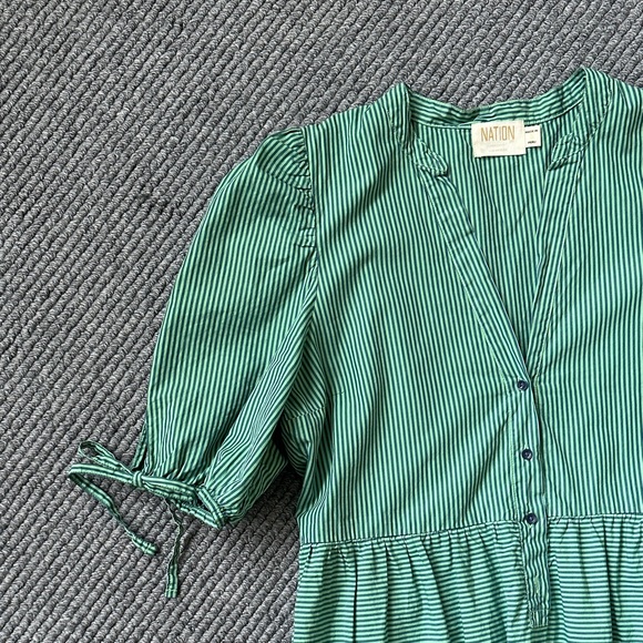 Nation Ltd. Dustin Romantic Midi Dress, Green/Navy stripe, Size S - Picture 2 of 6